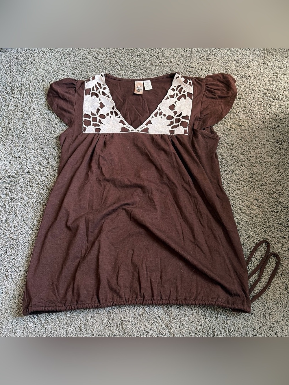L8teR Brown Top with White Lace V-Neck